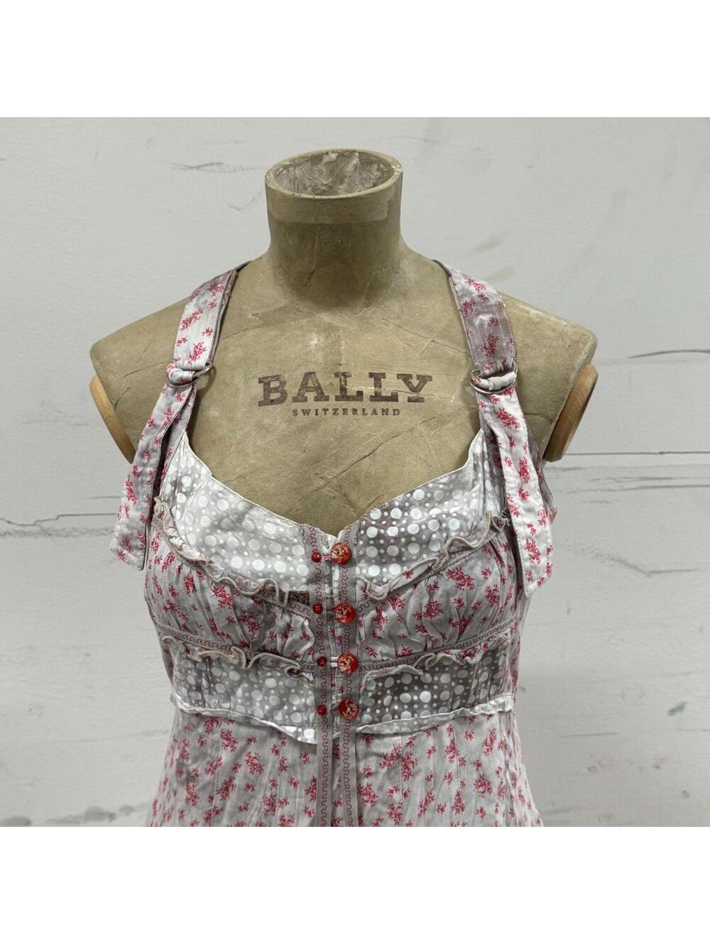 Vintage European Avant Garde Floral Cotton Red Grey White Mini Dress - Picture 4 of 8